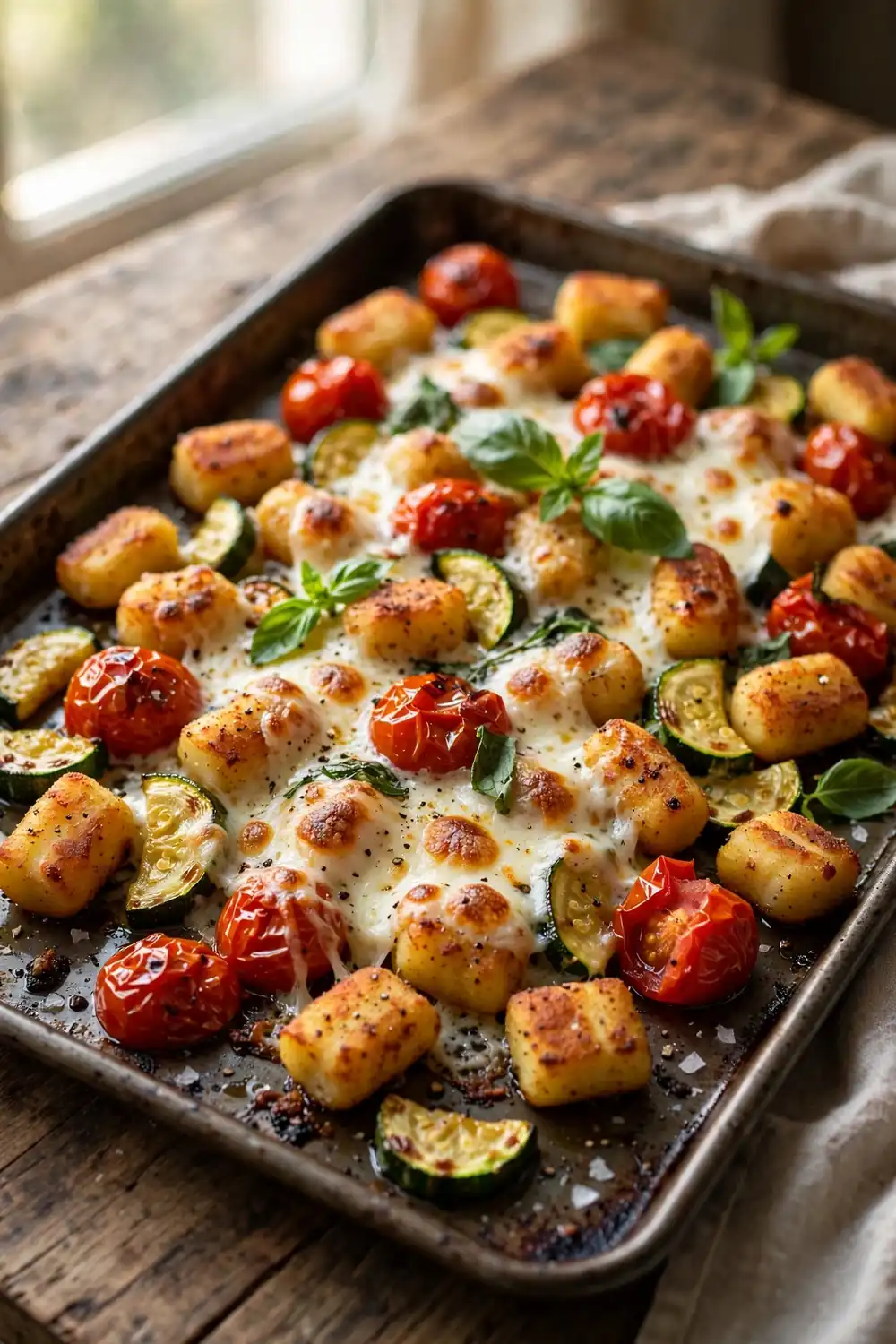 Crispy gnocchi with burst tomatoes and mozzarella, a vegetarian sheet pan dinner