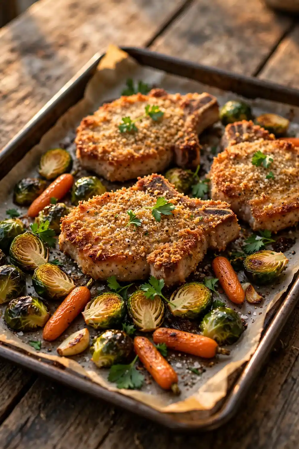 Parmesan crusted pork chops with Brussels sprouts, a hearty sheet pan dinner