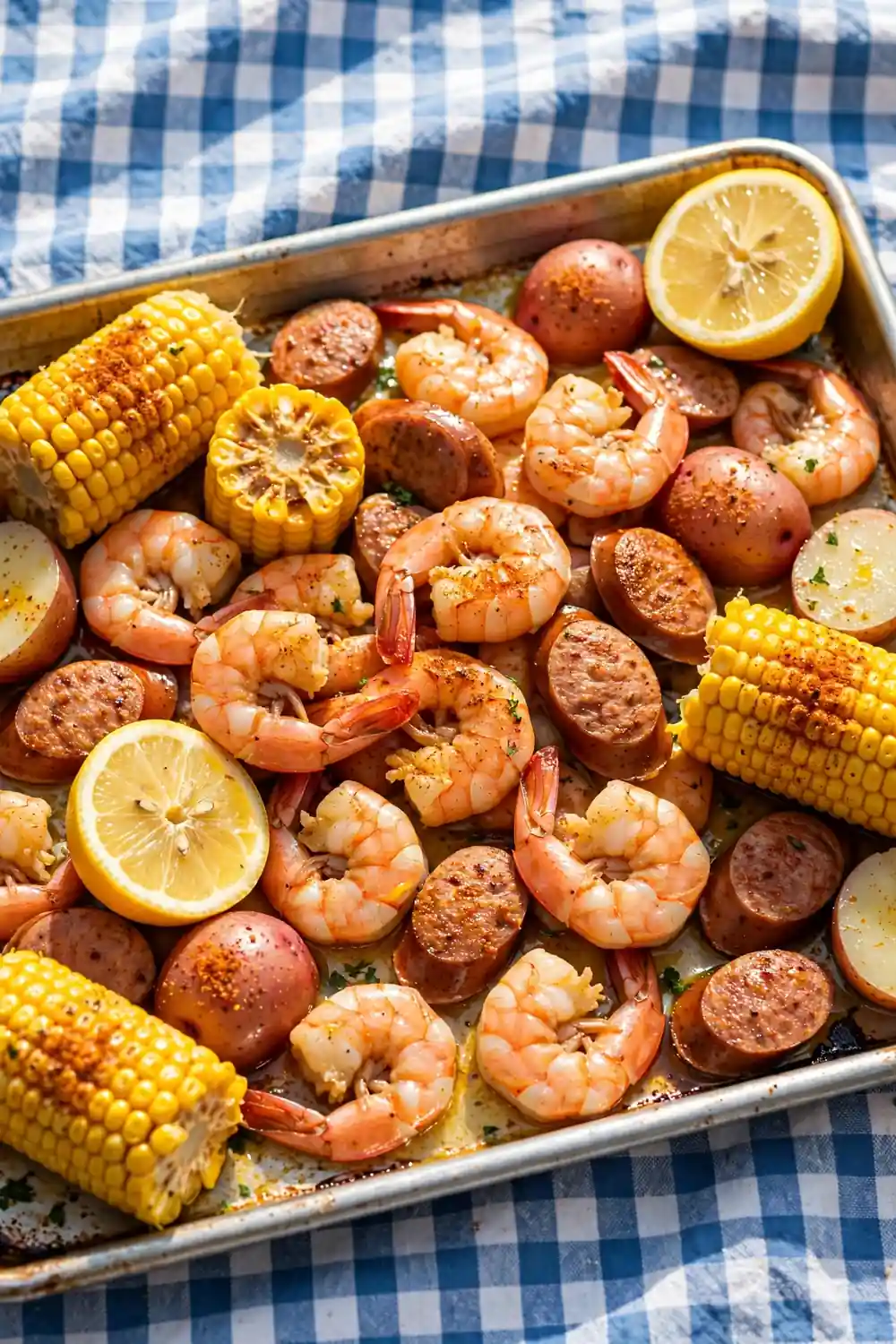 Sheet pan shrimp boil with corn, potatoes and sausage, a fun sheet pan dinner
