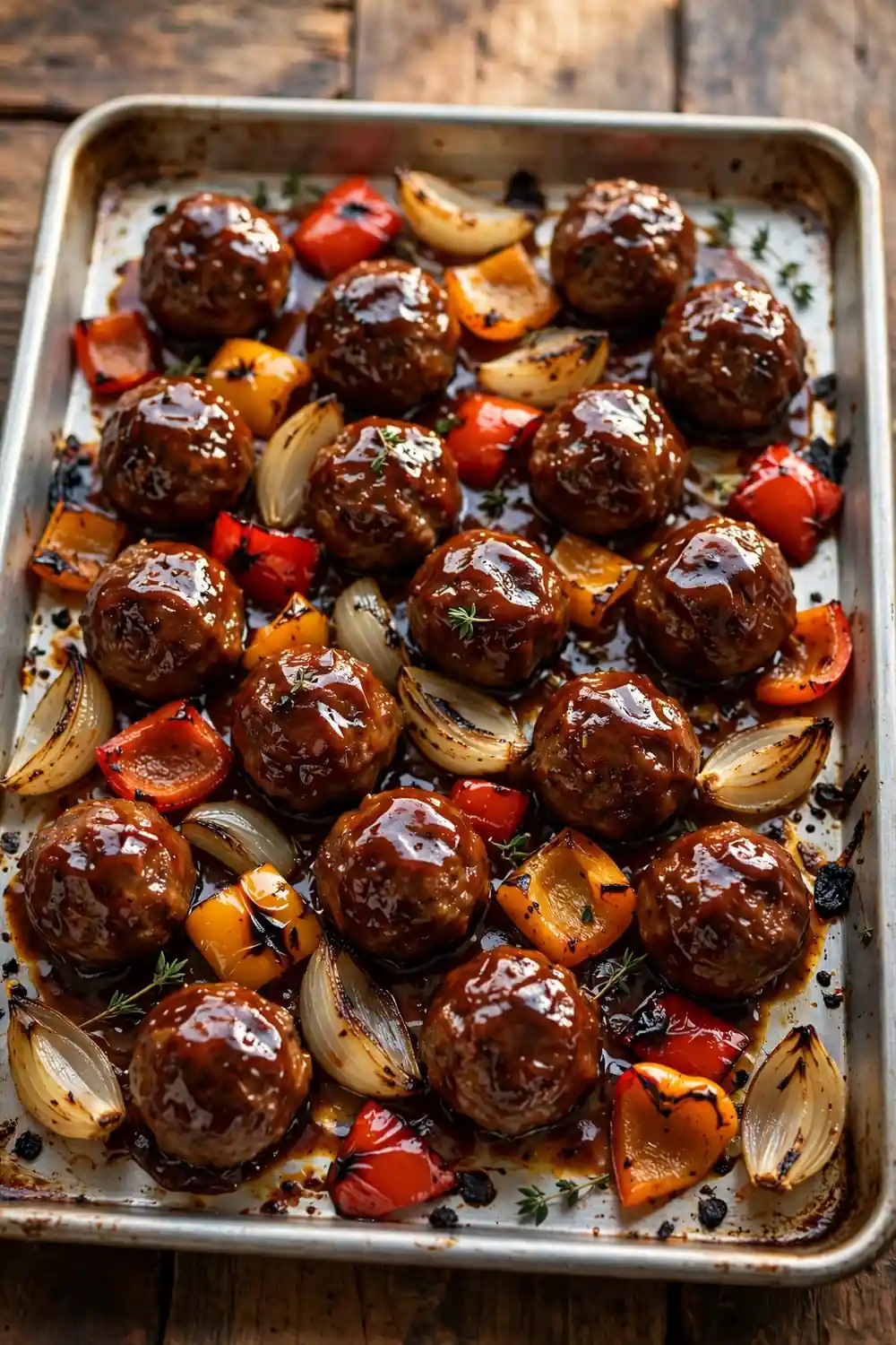 Sticky BBQ meatballs with roasted peppers, a kid friendly sheet pan dinner