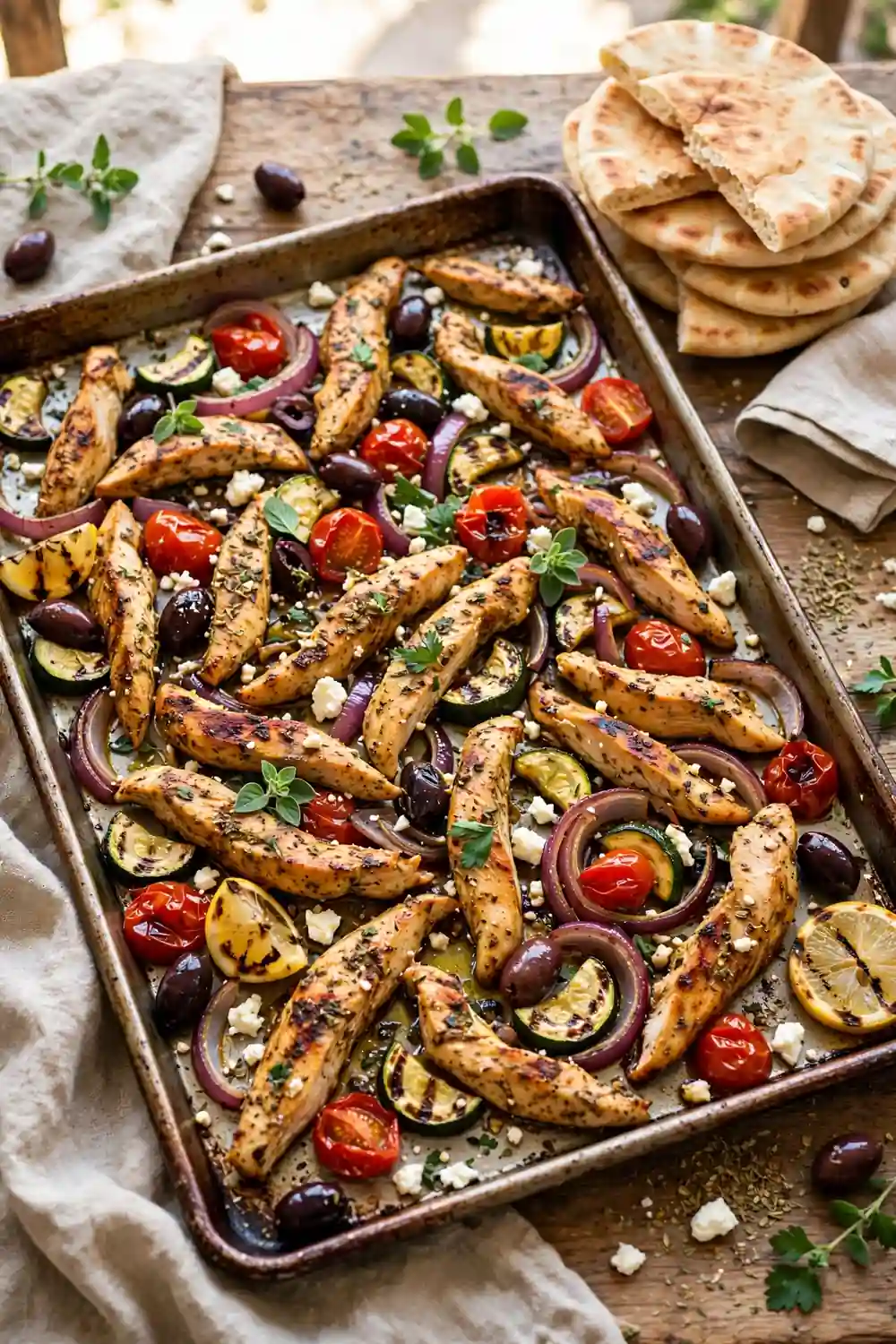 Greek chicken with tomatoes, olives and feta, a Mediterranean sheet pan dinner