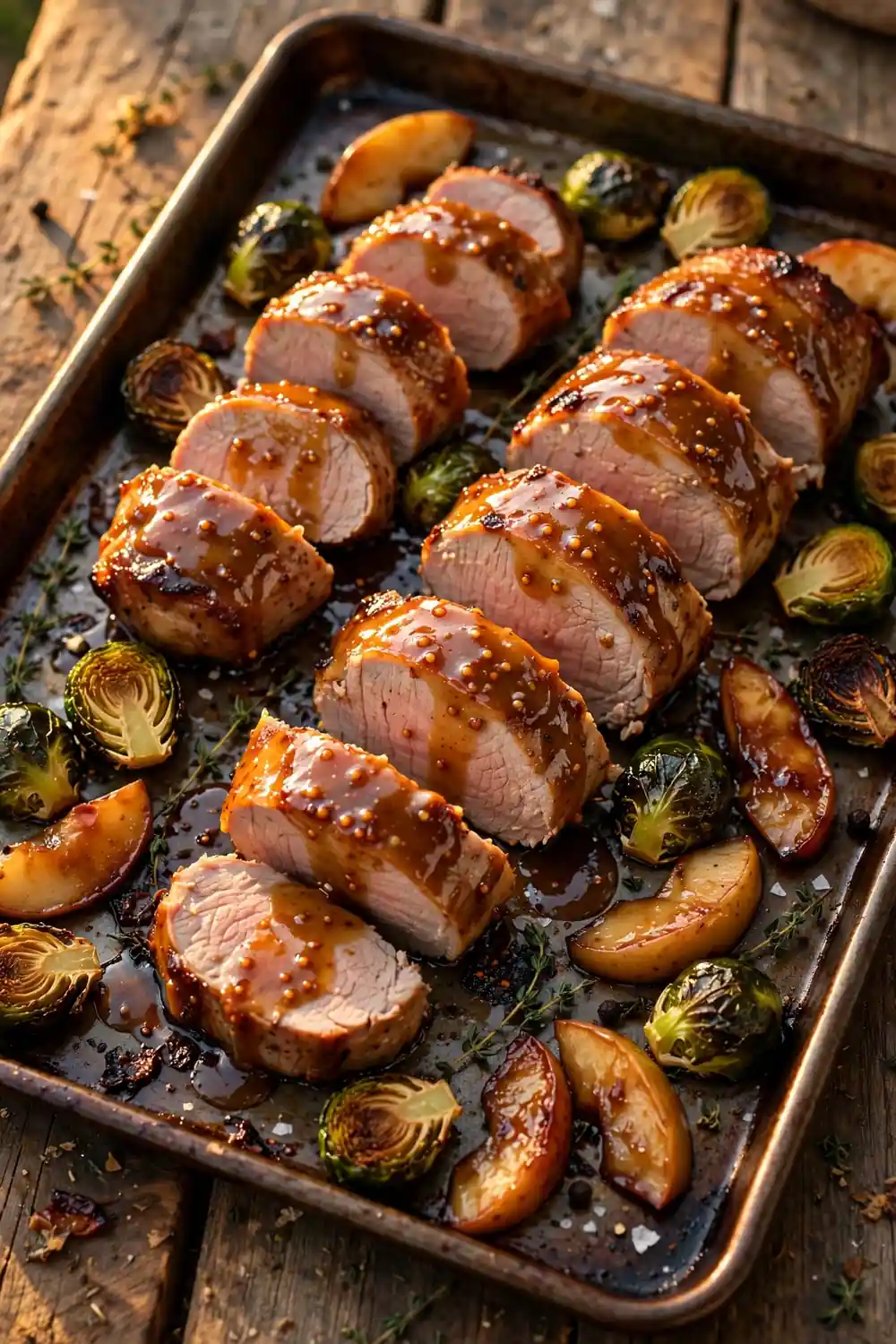 Maple Dijon pork tenderloin with Brussels sprouts and apples, an elegant sheet pan dinner