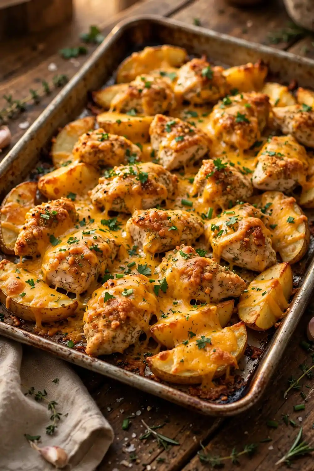 Ranch chicken and cheesy potatoes, a comfort food sheet pan dinner
