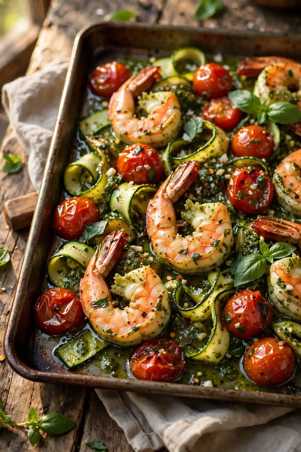 Pesto shrimp with roasted tomatoes and zucchini, a quick sheet pan dinner