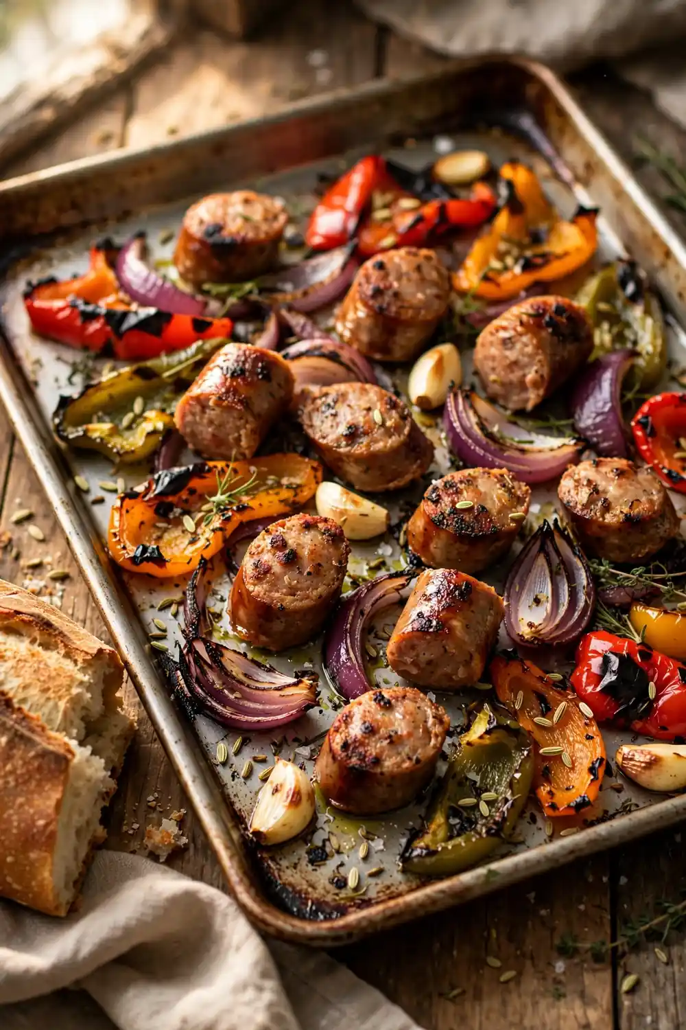 Italian sausage with sweet peppers and onions, a classic sheet pan dinner