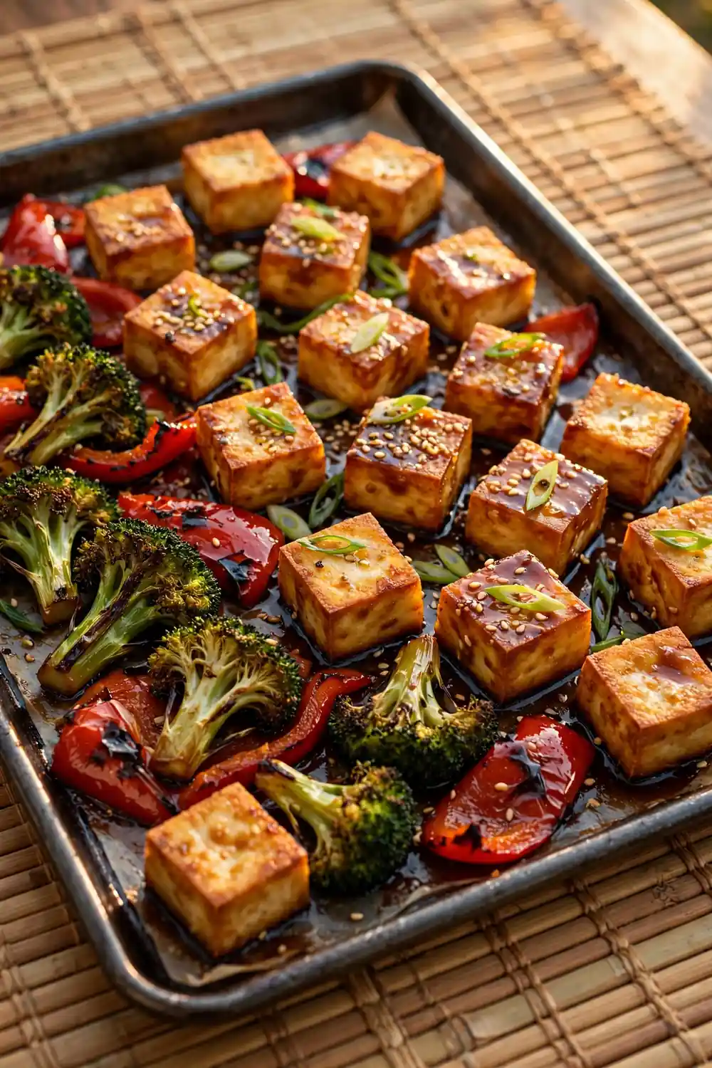 Crispy tofu with broccoli and peppers in soy glaze, a vegetarian sheet pan dinner