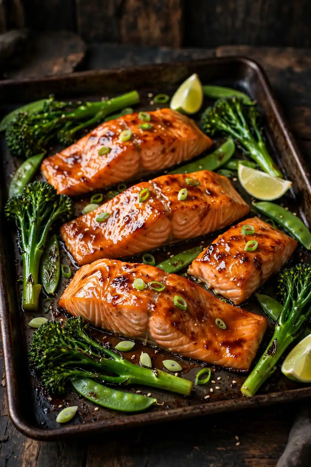 Miso glazed salmon with greens, an Asian inspired sheet pan dinner