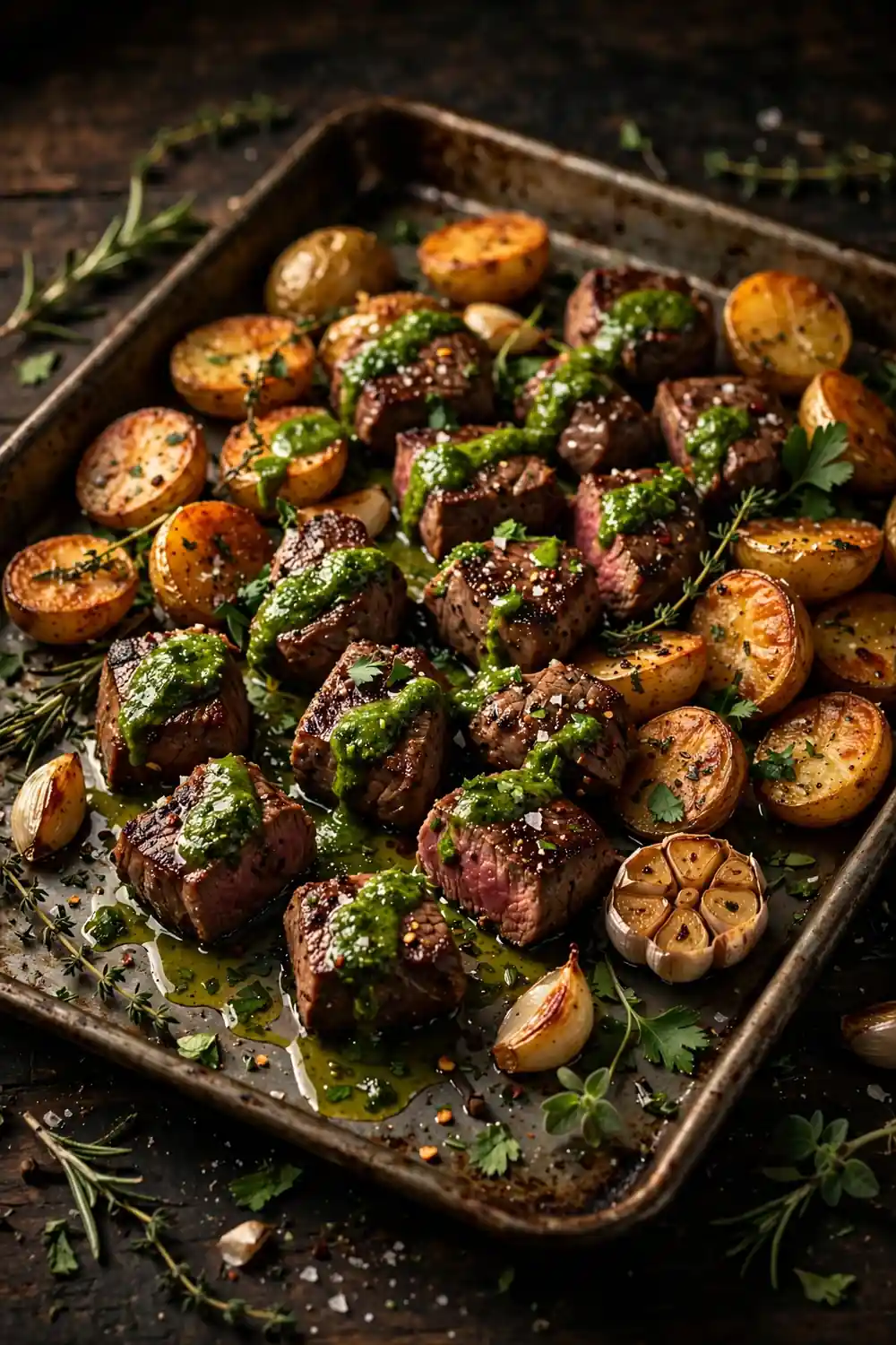 Chimichurri steak bites with crispy potatoes, a bold sheet pan dinner