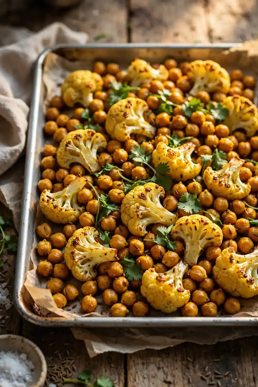 Curry roasted chickpeas with cauliflower, a vegan sheet pan dinner