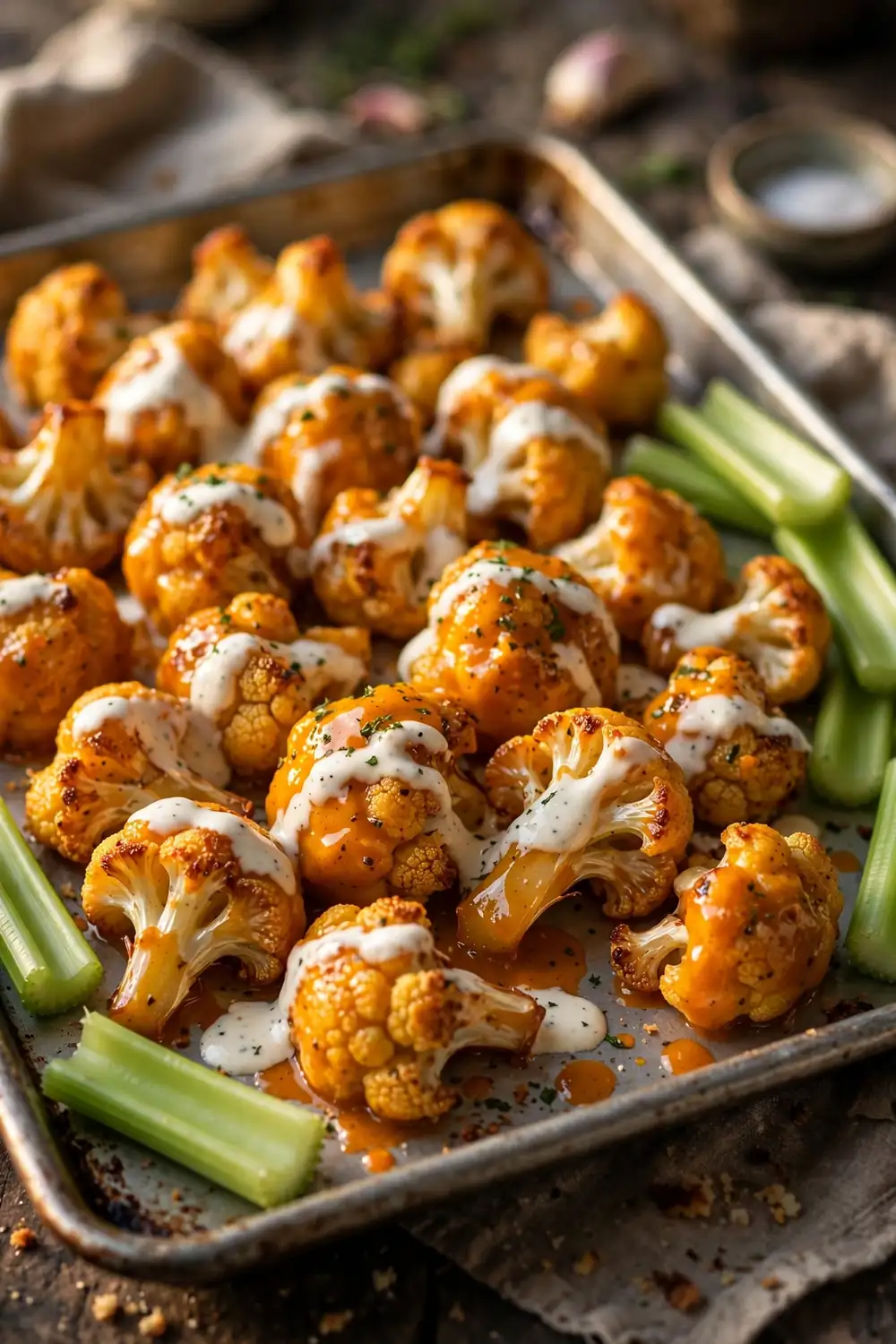 Buffalo cauliflower bites with ranch drizzle, a zesty sheet pan dinner