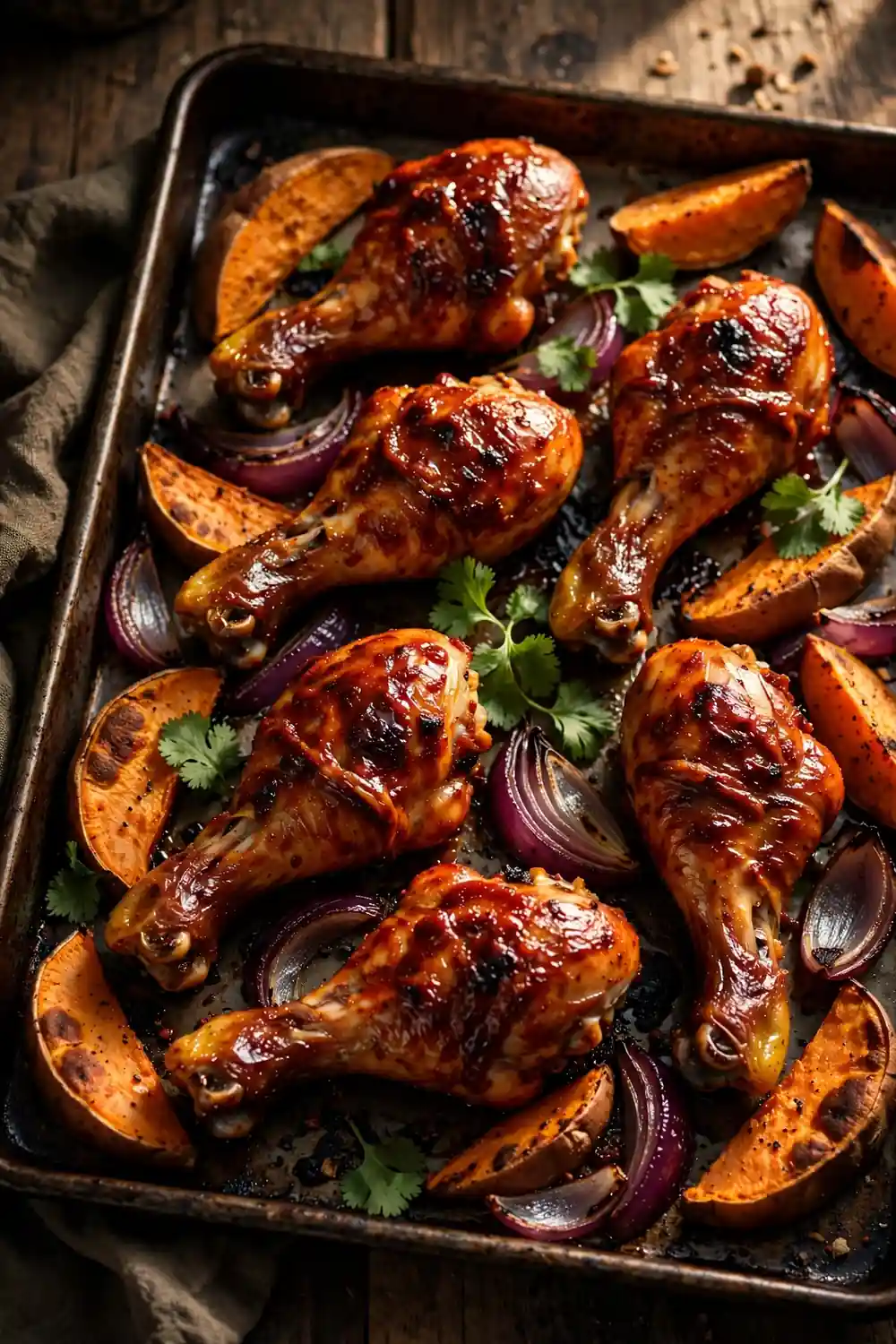 Harissa glazed drumsticks with sweet potatoes, a smoky sheet pan dinner