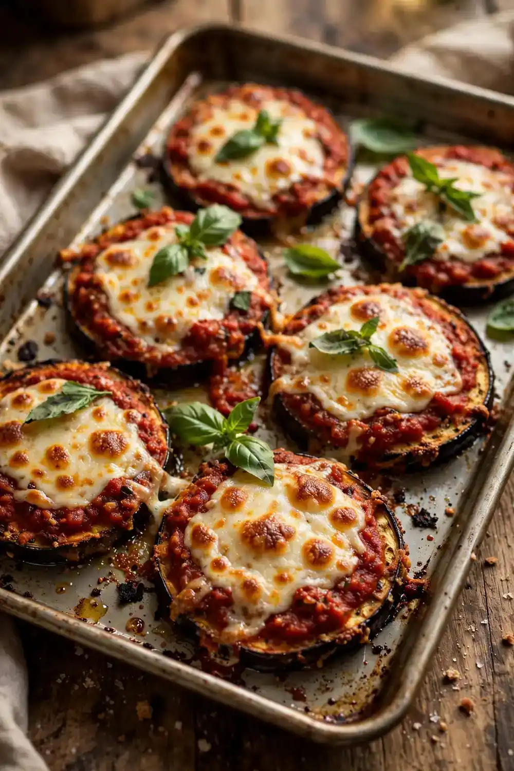 Crispy eggplant parmesan bake with melted mozzarella, an Italian sheet pan dinner