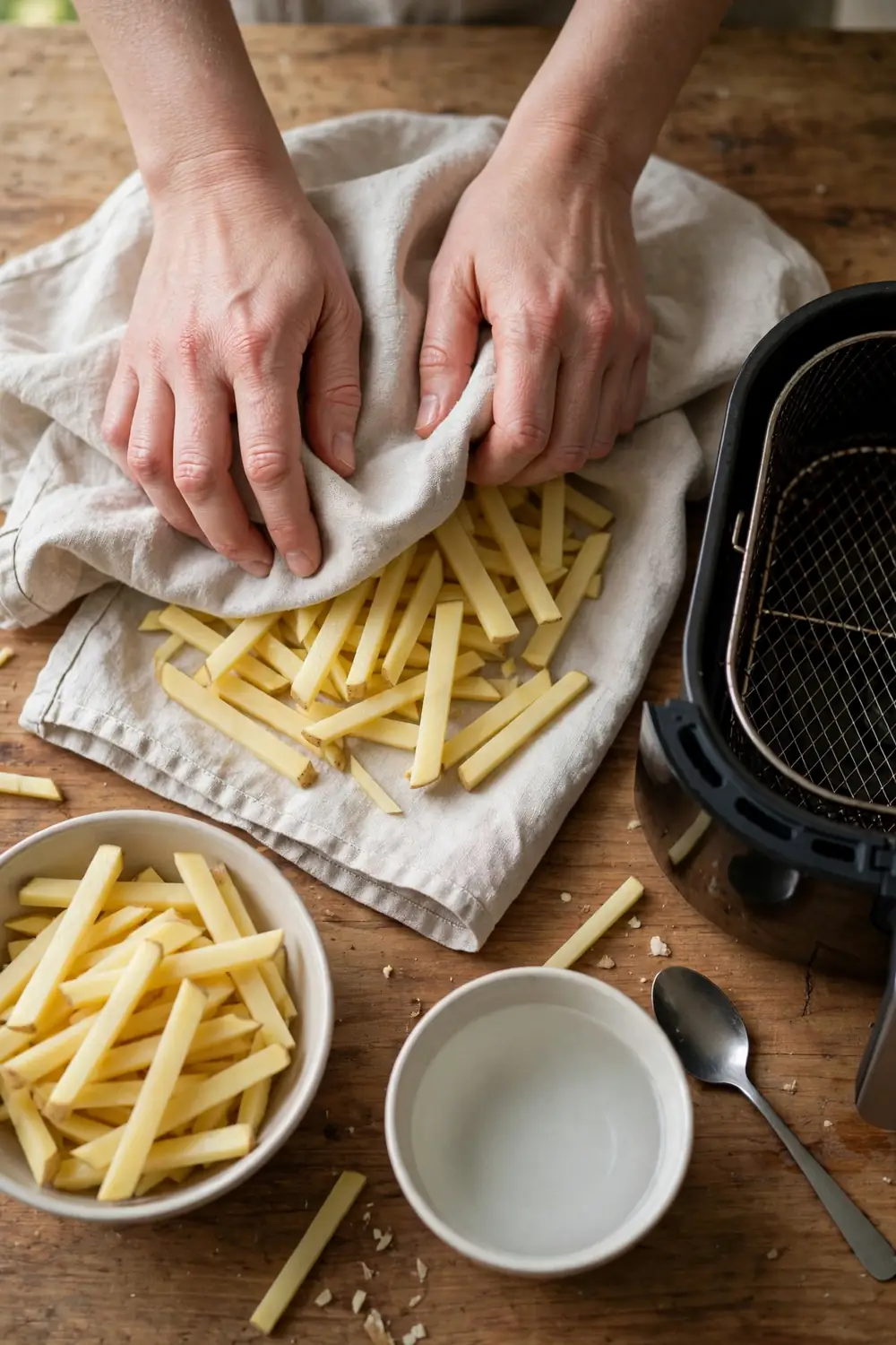 Patting potato sticks dry with a towel