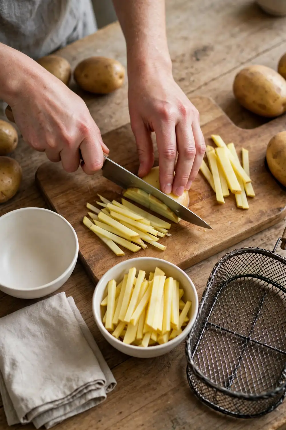 Cutting potatoes into thin sticks