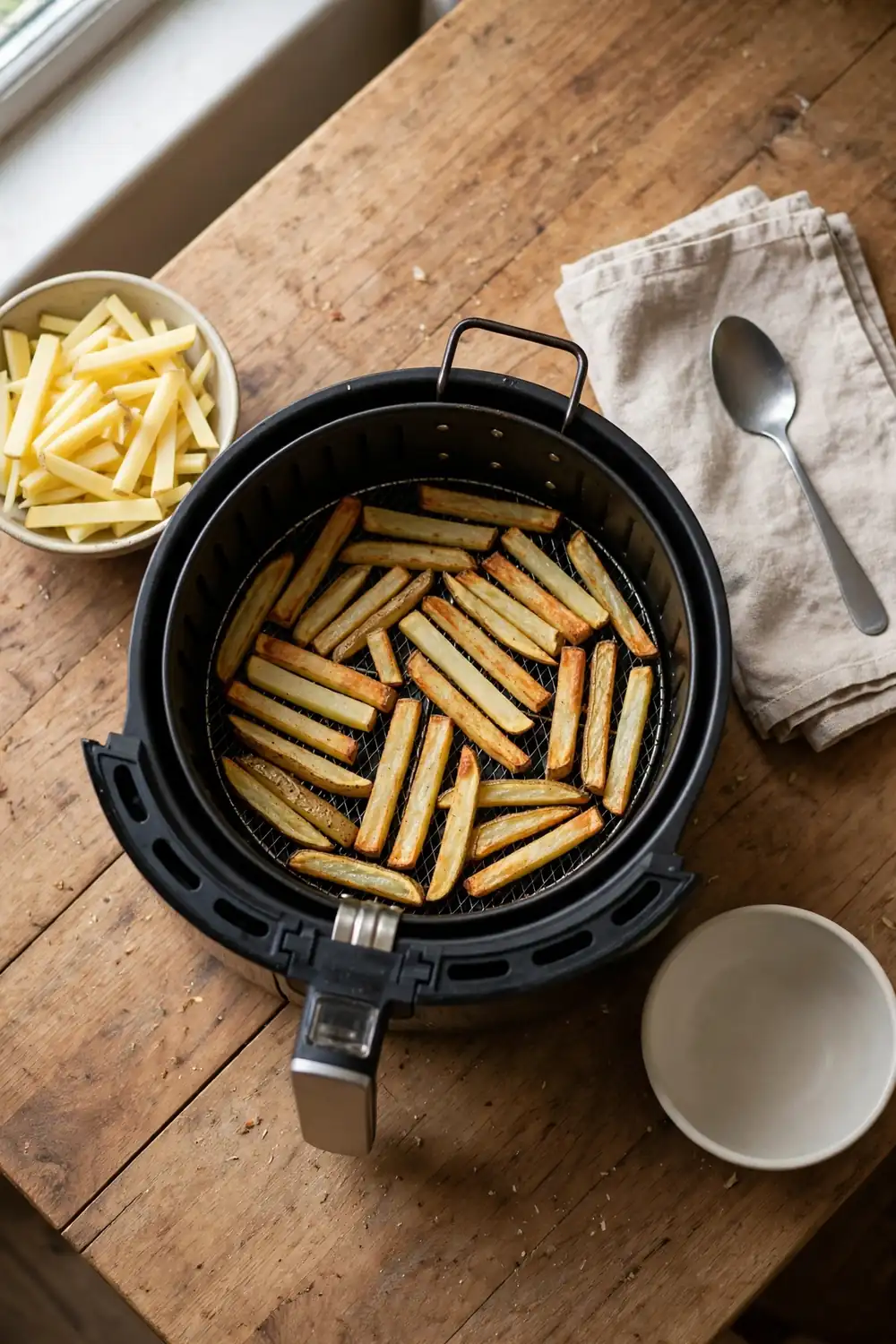 Potato sticks in a single layer in a basket