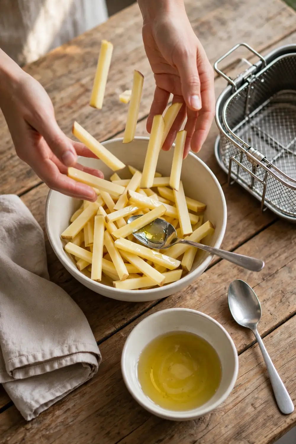 Tossing potato sticks with a spoon of oil