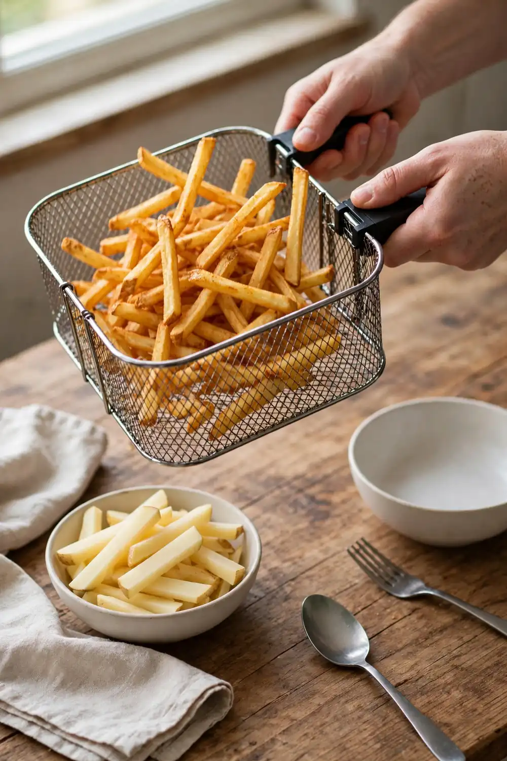 Shaking an air fryer basket with fries