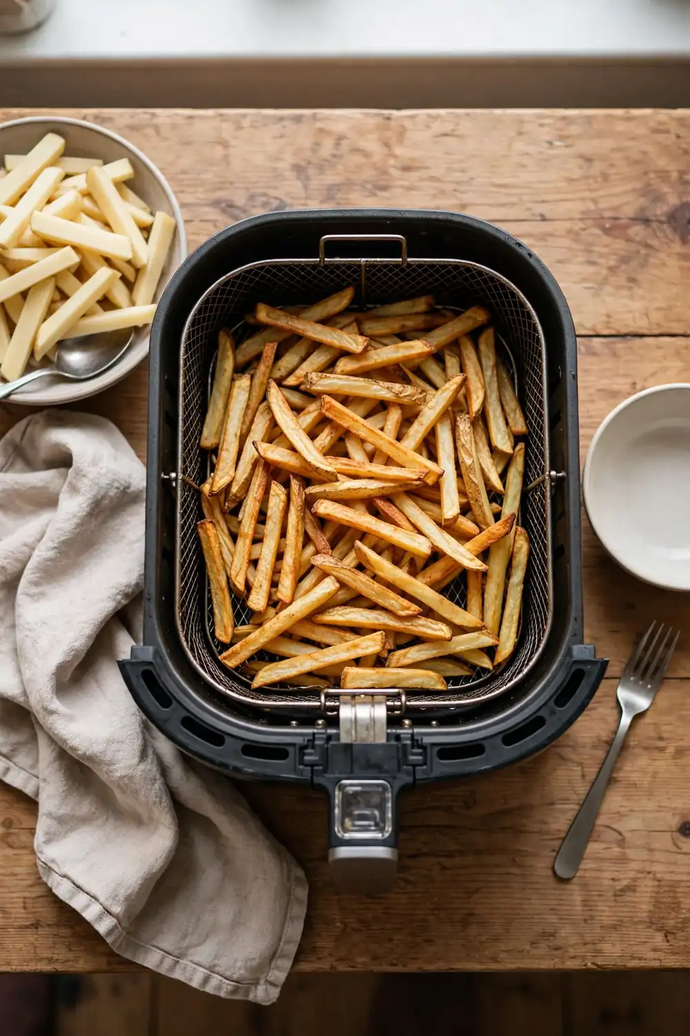 Crowded basket full of overlapping potato sticks