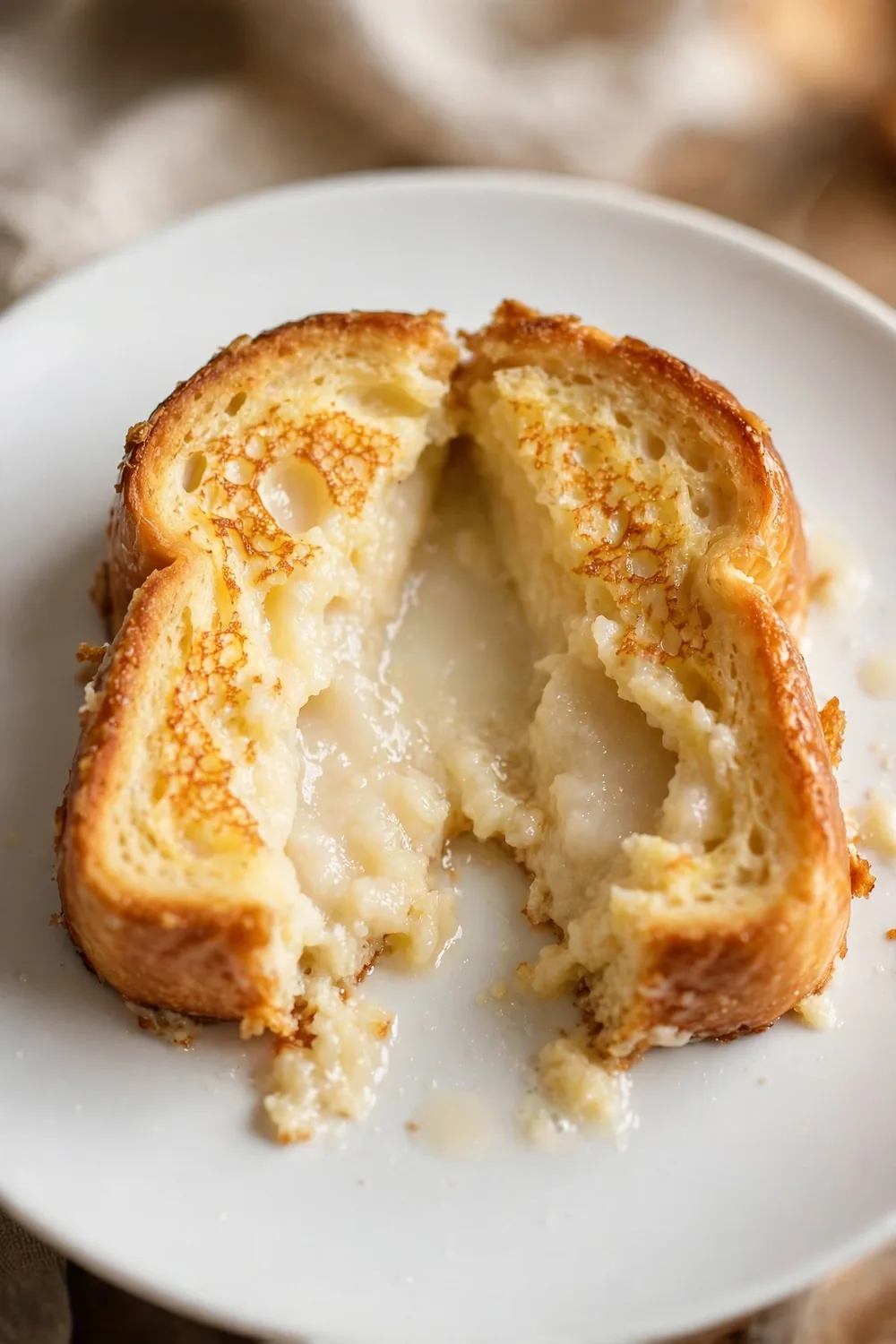 soggy french toast slice cut open showing a wet pale center