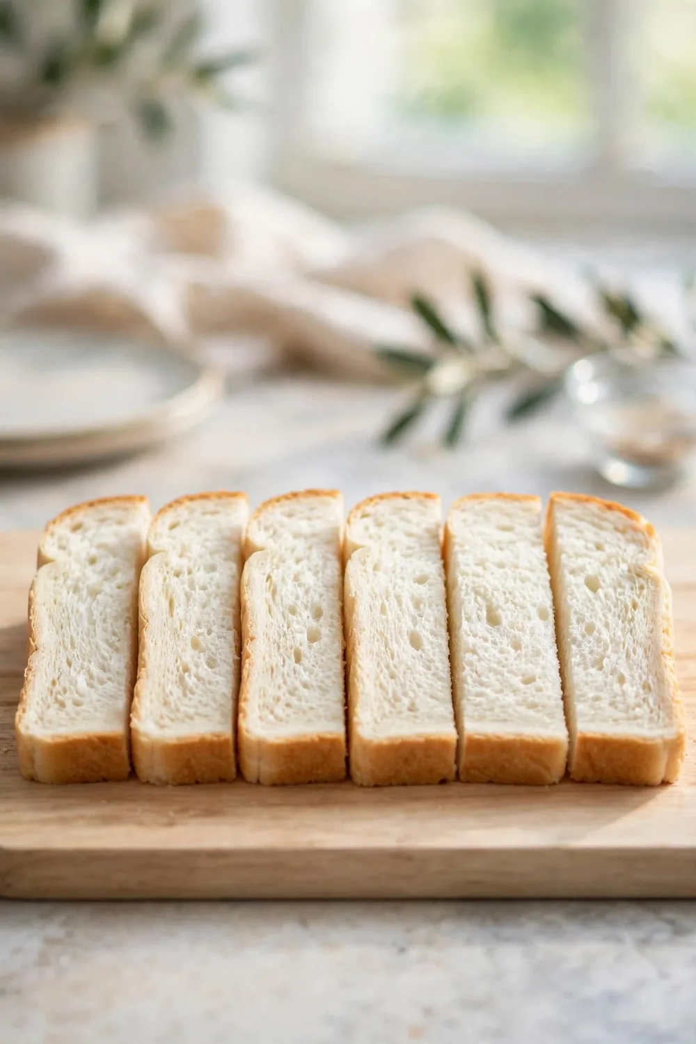 Thick bread slices lined up on a wooden cutting board