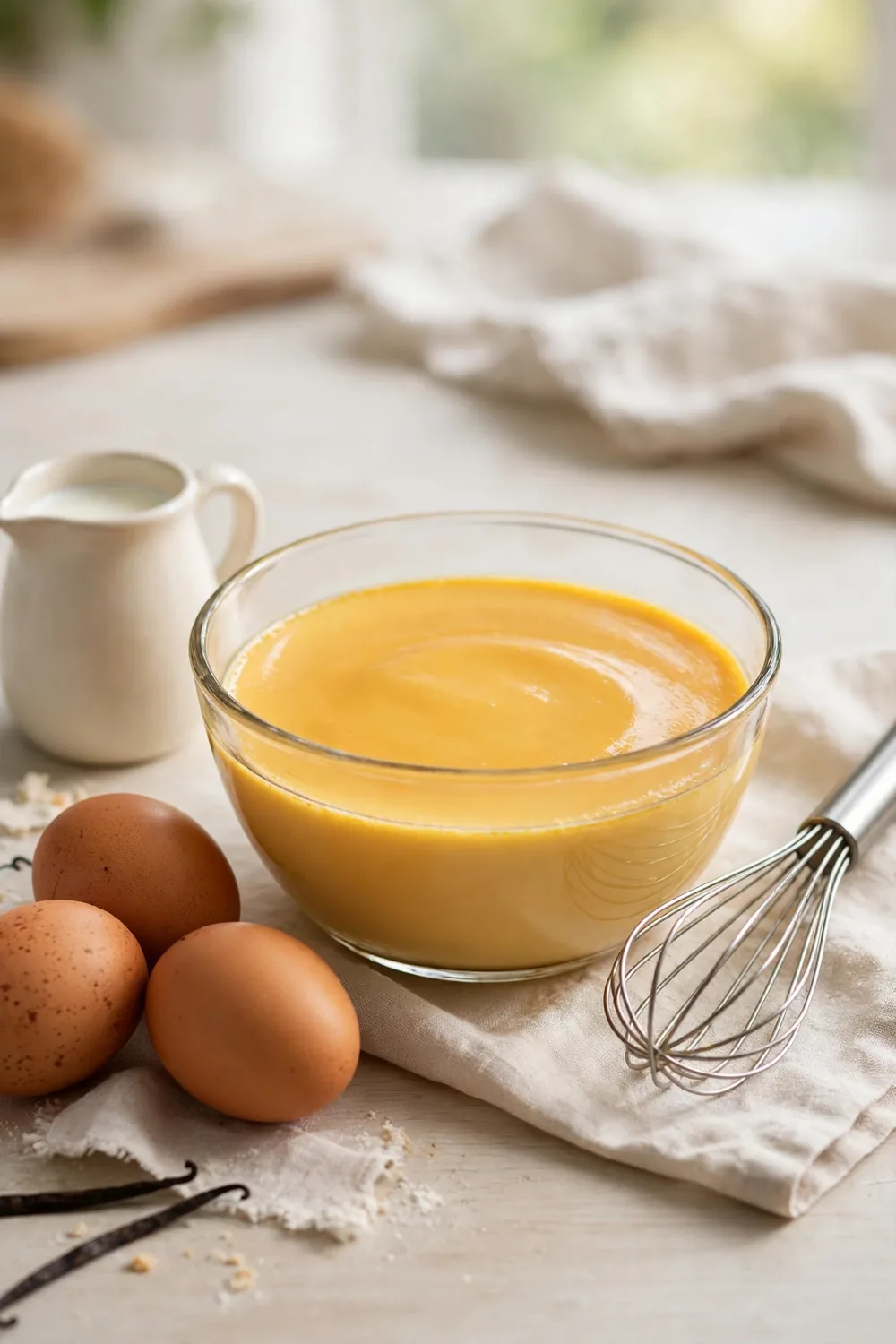 Bowl of golden egg custard with a whisk beside it