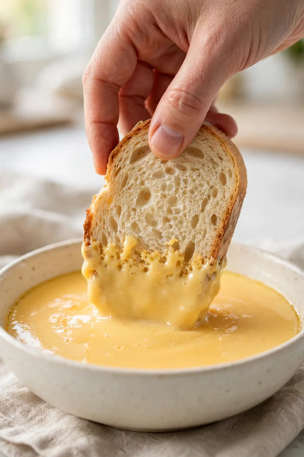 Bread slice dipped briefly into a bowl of golden custard
