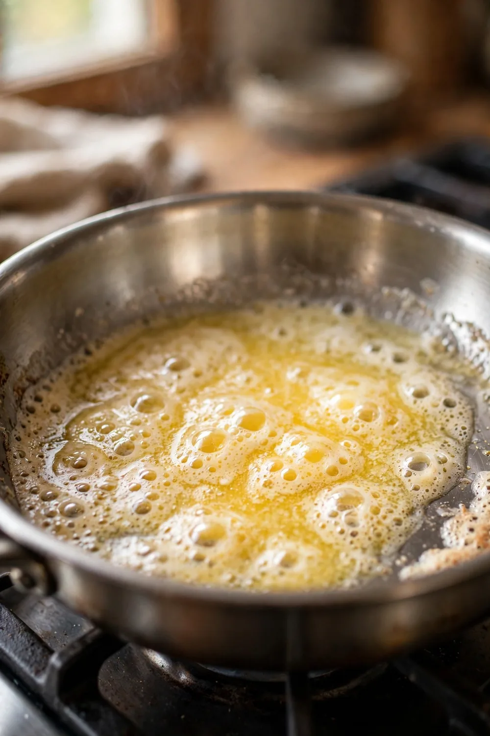 Butter melting and foaming in a hot skillet