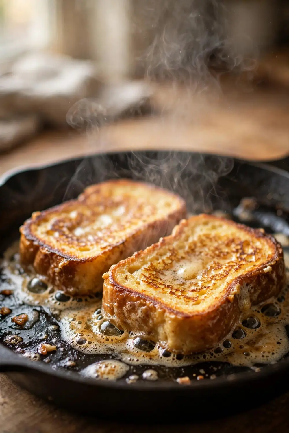French toast slices cooking in a skillet turning golden