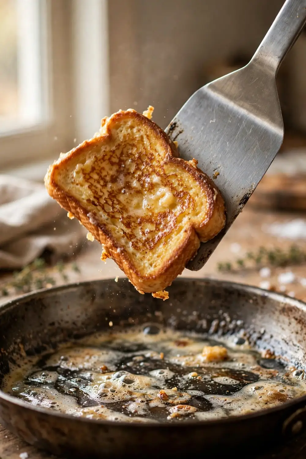 Spatula flipping a golden French toast slice in a skillet