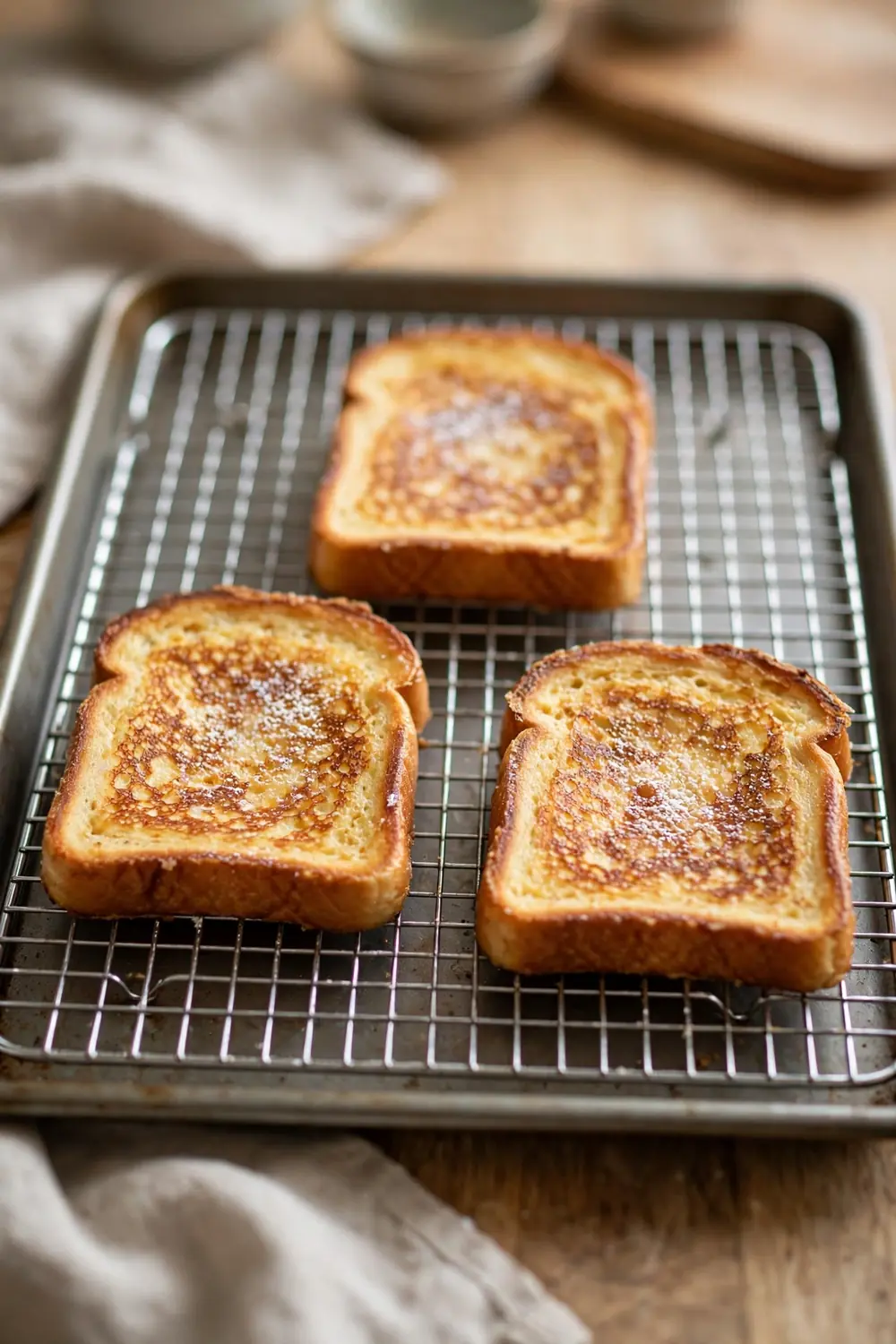French toast slices in a single layer on a wire cooling rack