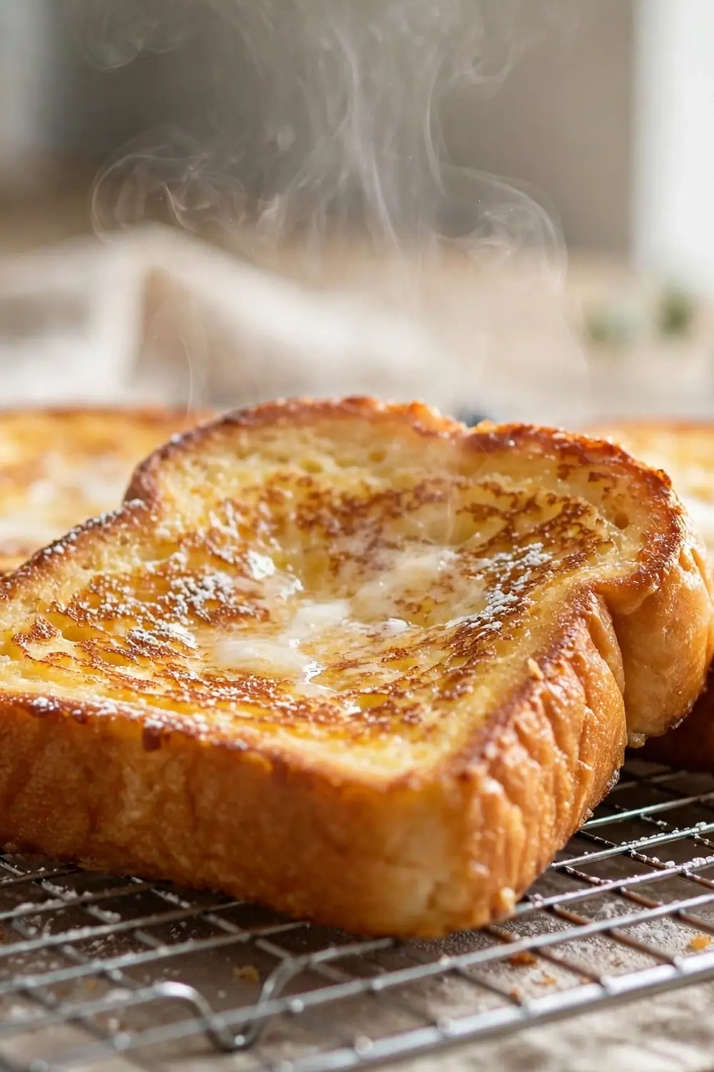 Golden French toast on a wire rack with steam rising