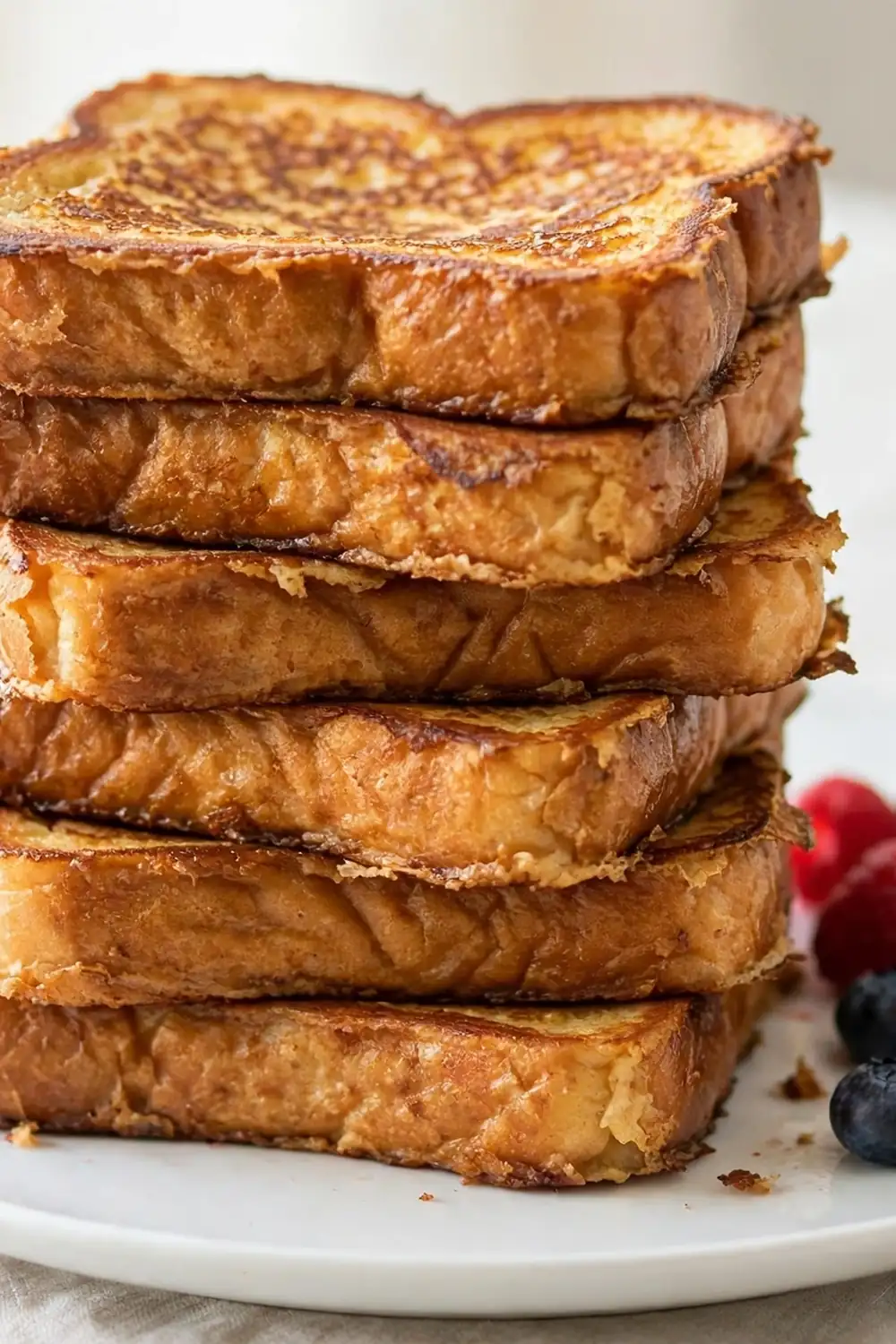 Golden French toast stack with crisp edges on a white plate