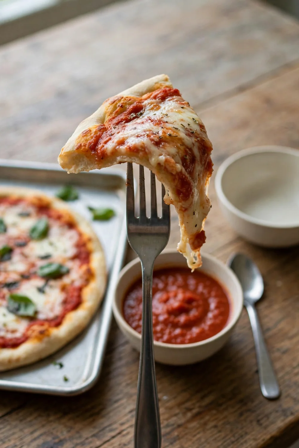 Slice showing soggy pizza crust drooping on a board