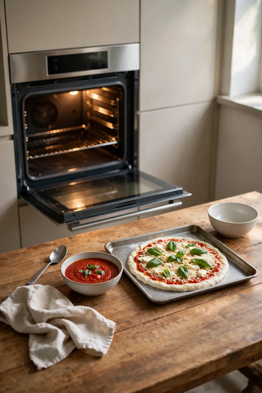 Empty oven glowing with pizza waiting beside it