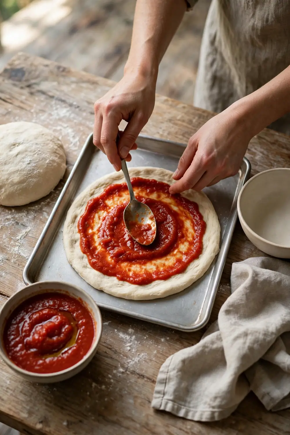 Spreading a thin layer of sauce on pizza dough