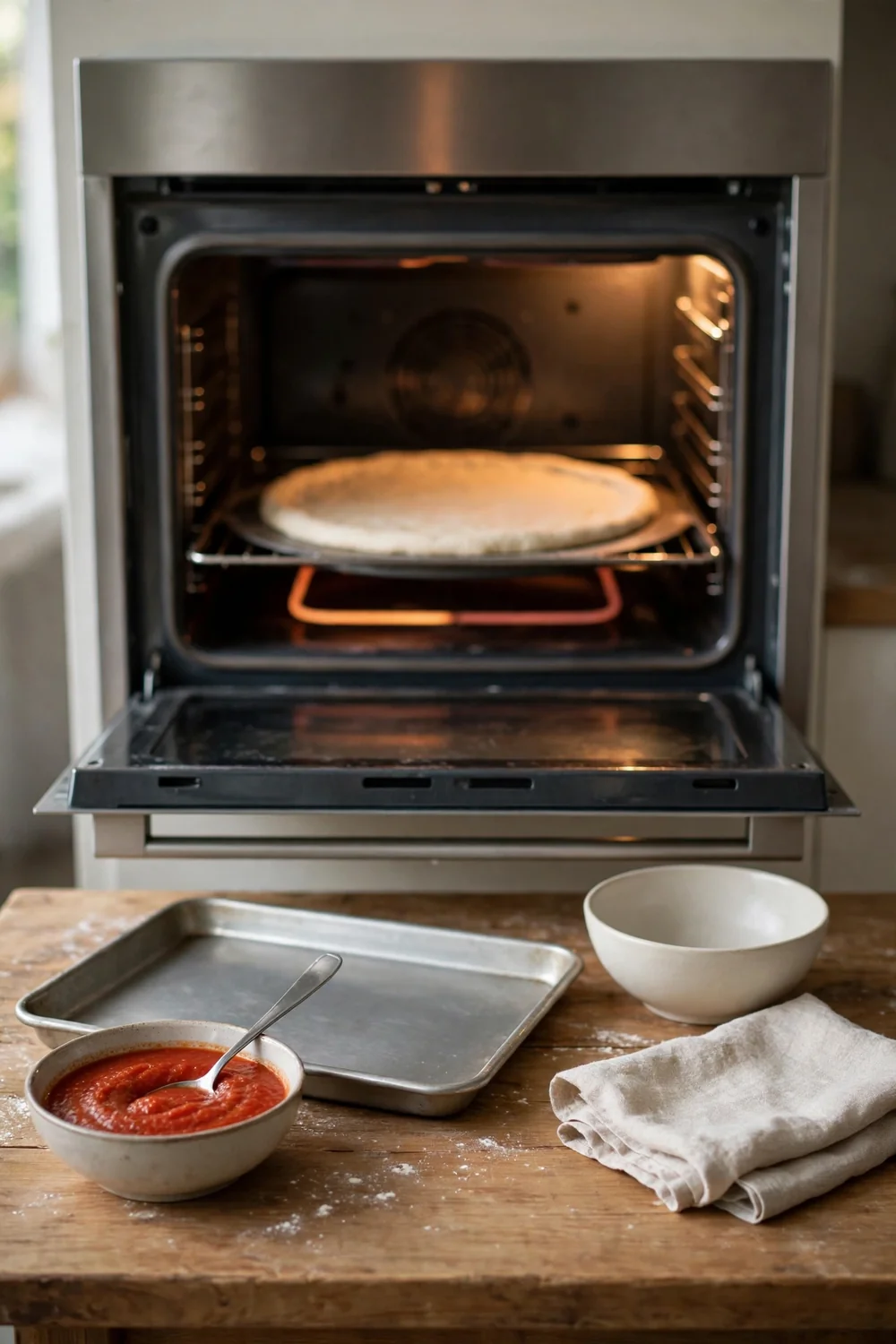 Plain pizza crust prebaking in the oven