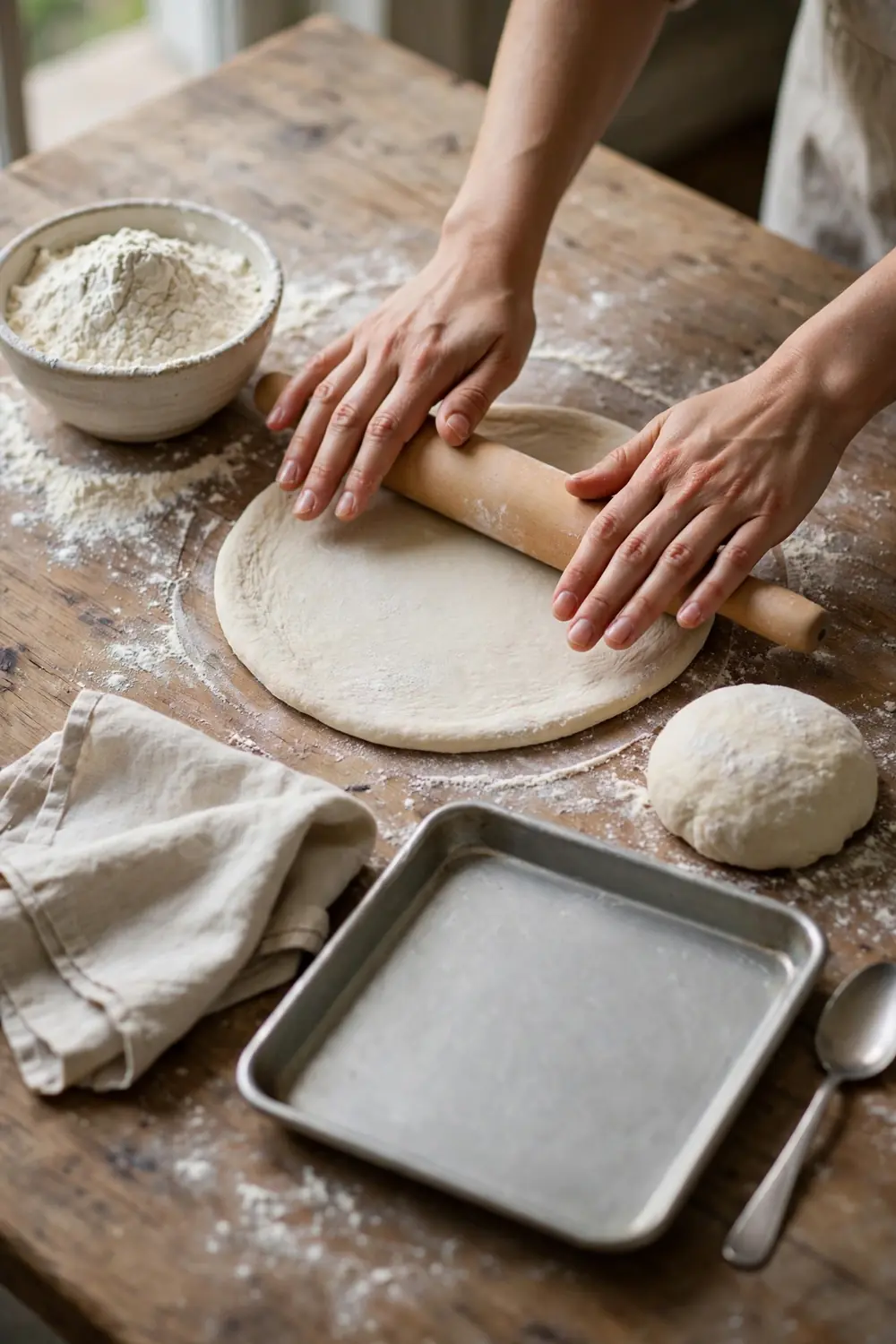 Rolling pizza dough thin with a rolling pin