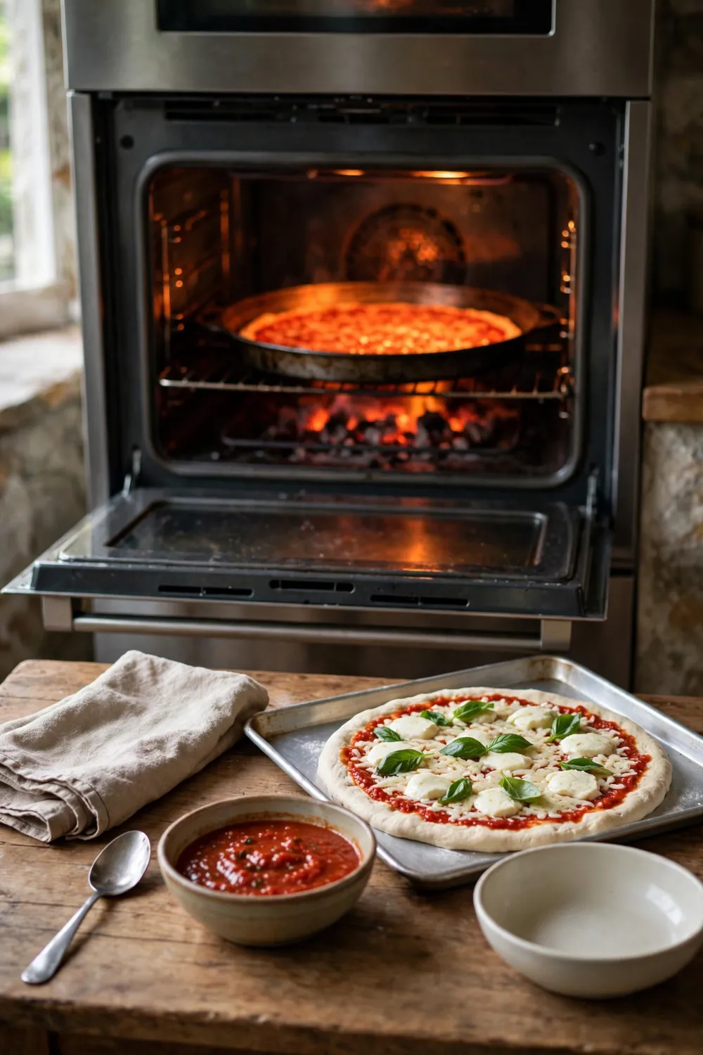 Hot pizza pan glowing inside the oven
