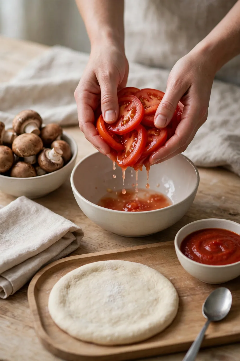 Draining wet tomato slices in a bowl