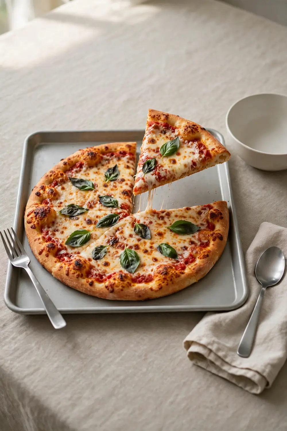 Pizza with a crisp golden crust on a tray