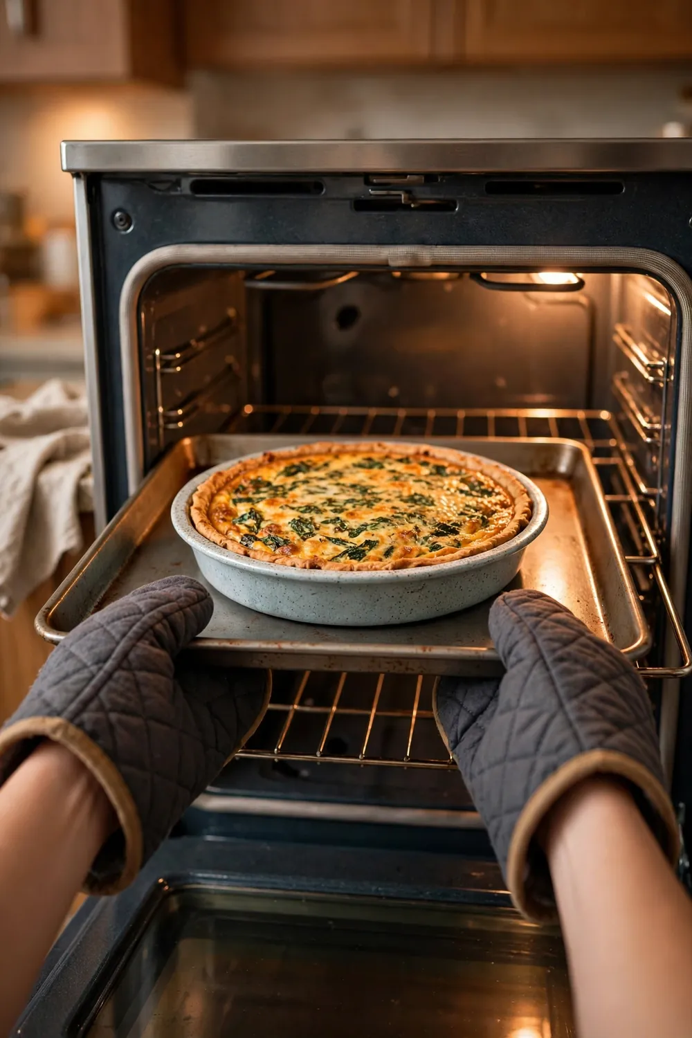 Metal baking sheet heating in the oven before quiche baking