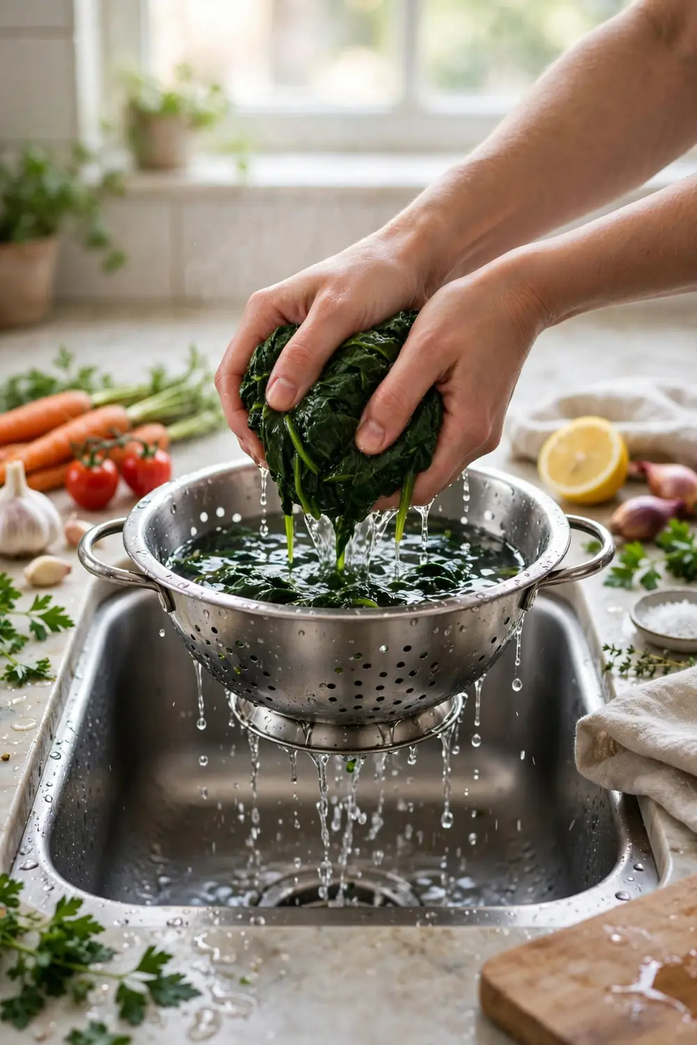 Cooked spinach draining in a colander before adding to quiche filling