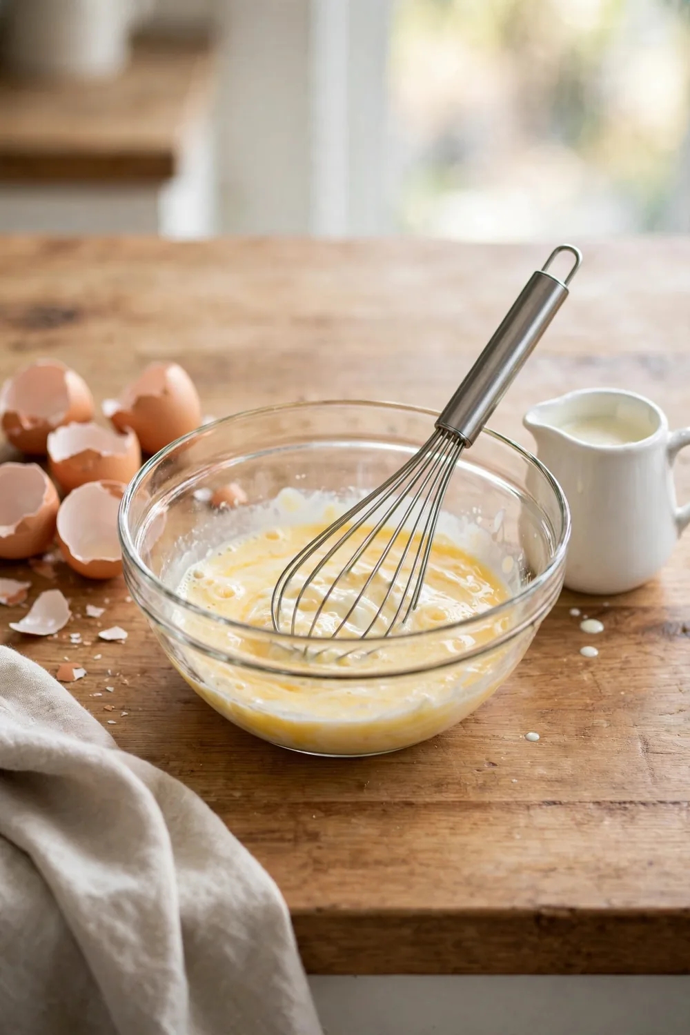 Eggs whisked with cream in a bowl for quiche custard