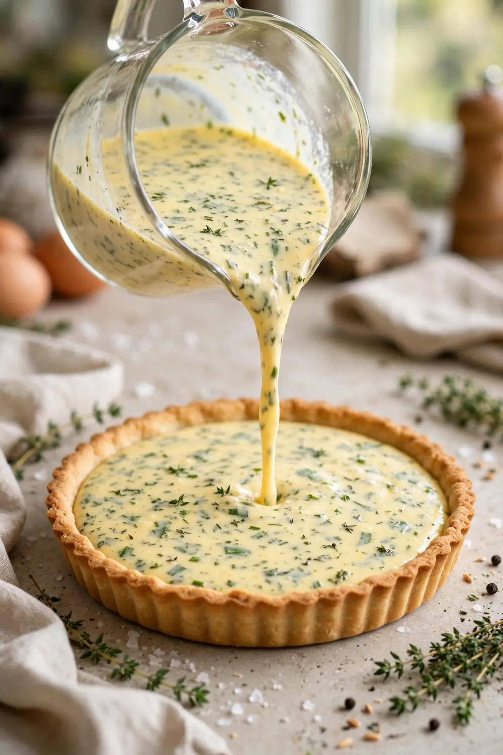 Quiche shell filled just below the rim with egg custard