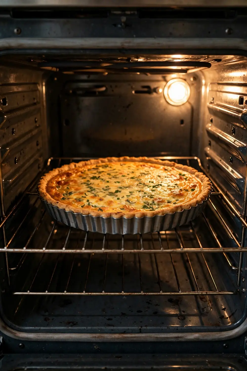 Quiche baking in the oven with golden top and set edges