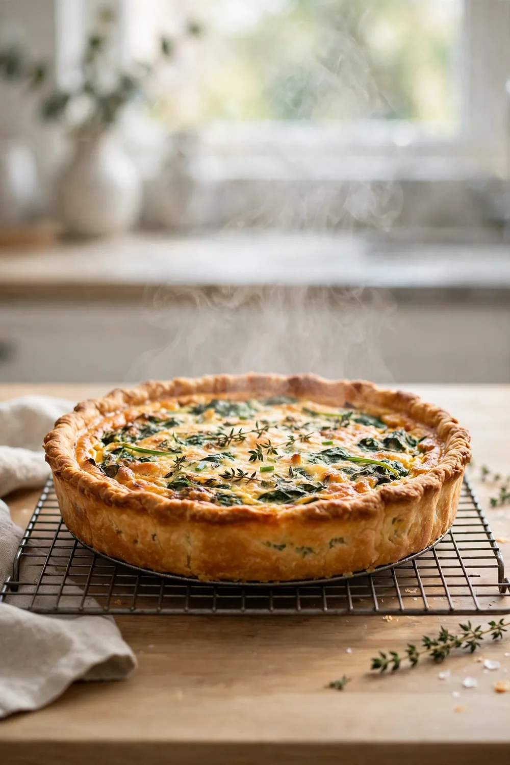 Baked quiche cooling on a wire rack before slicing