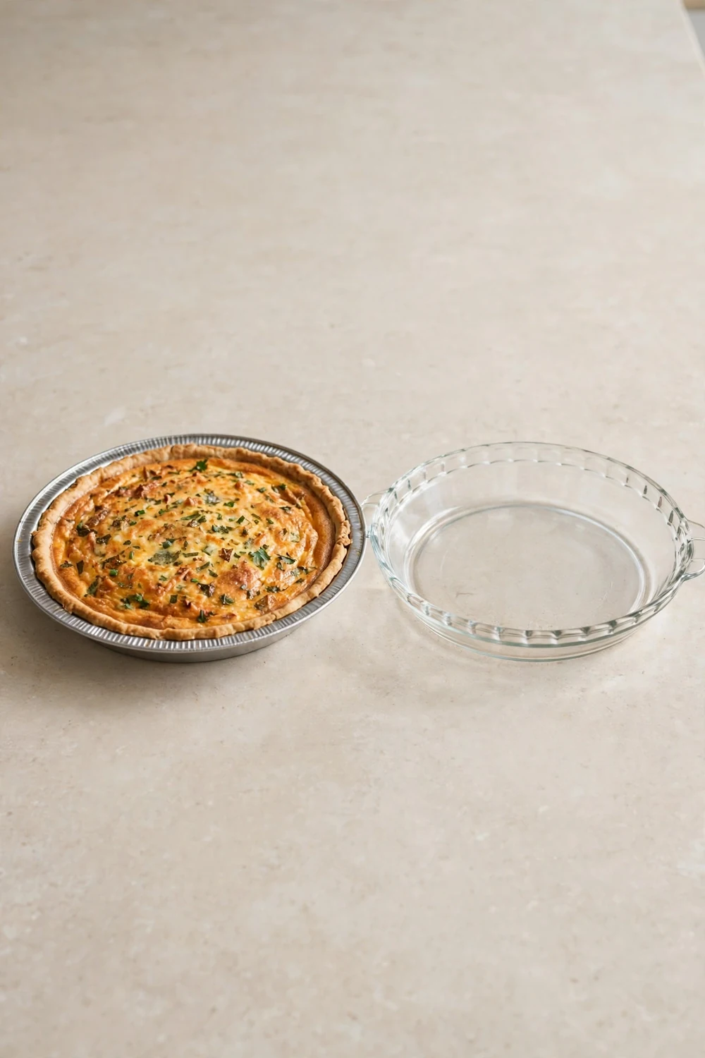 Ceramic and metal quiche dishes side by side on a kitchen counter
