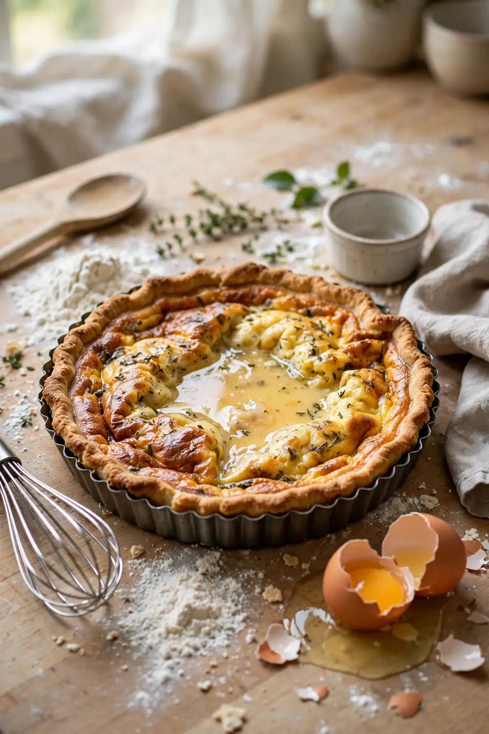 Sliced quiche with soft pale base beside baking tools