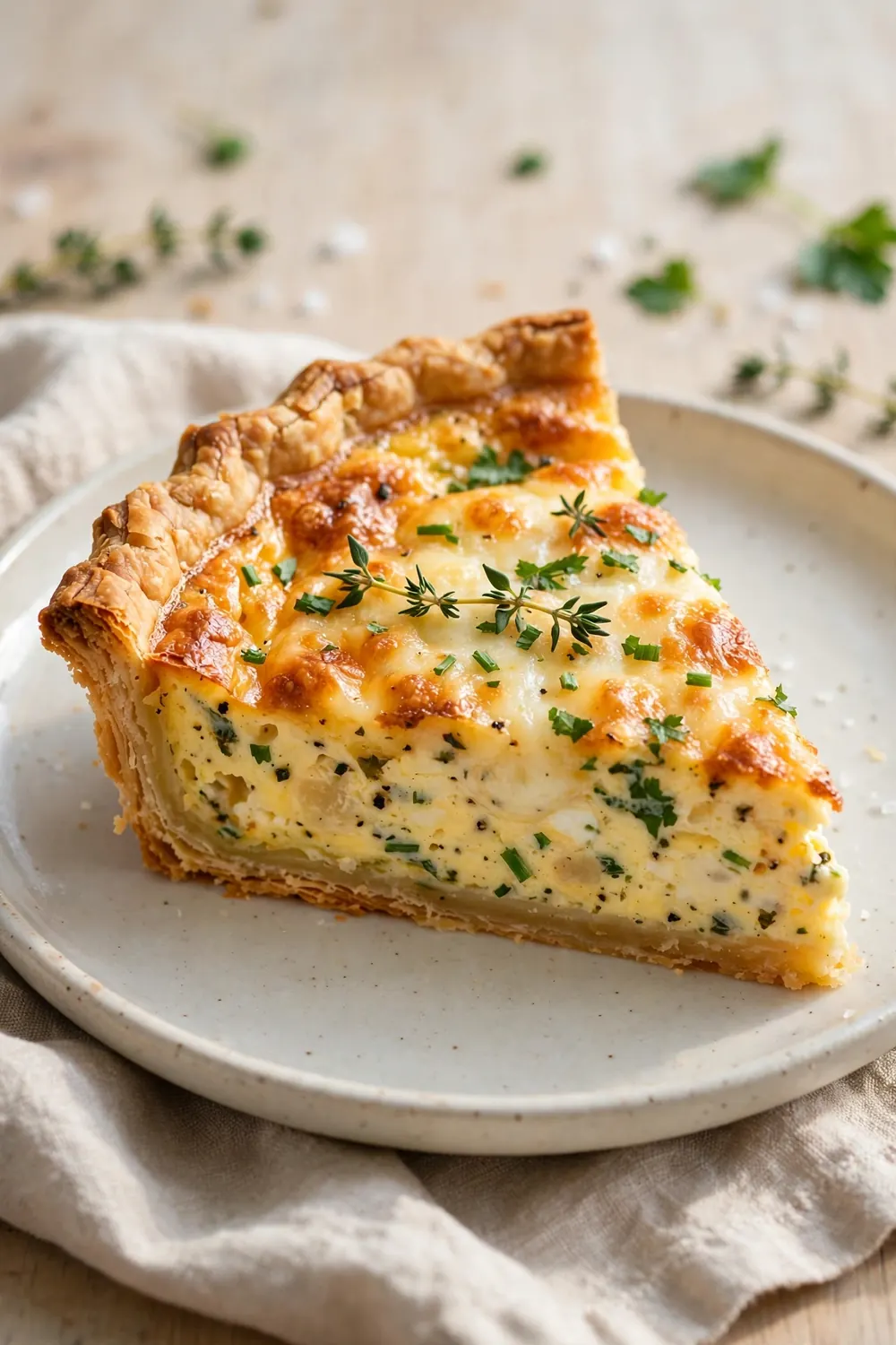 Firm slice of quiche with crisp golden crust on a plate