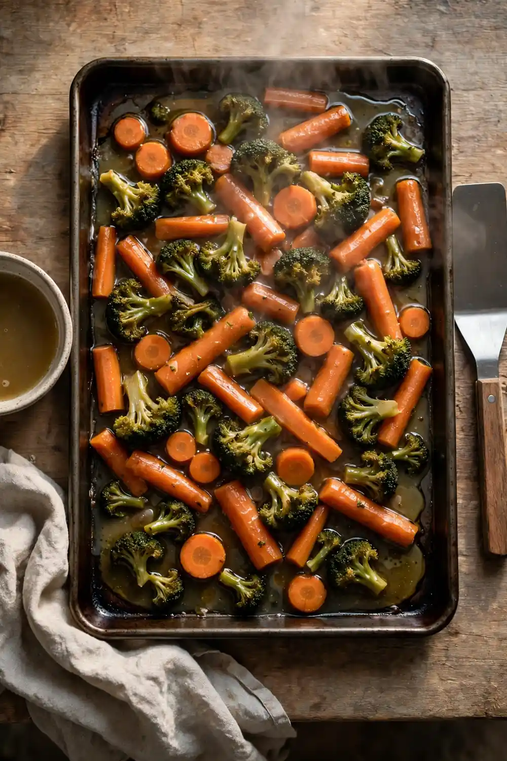 Soggy vegetables on a baking sheet
